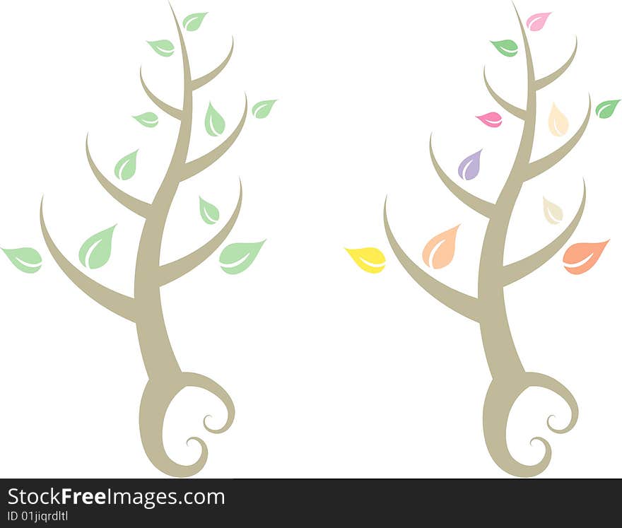 Set of two tree illustrations: (1) tree in spring/summer with green leaves (2) tree in fall with colored leaves, both trees have heart-shaped roots and can be used for holiday/seasonal designs as well. Set of two tree illustrations: (1) tree in spring/summer with green leaves (2) tree in fall with colored leaves, both trees have heart-shaped roots and can be used for holiday/seasonal designs as well