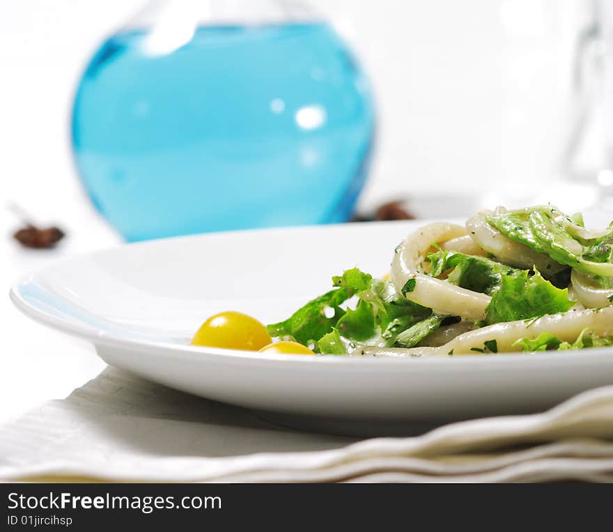 Salad - Seafood with Cherry Tomato and Vegetable Leaf. Salad - Seafood with Cherry Tomato and Vegetable Leaf