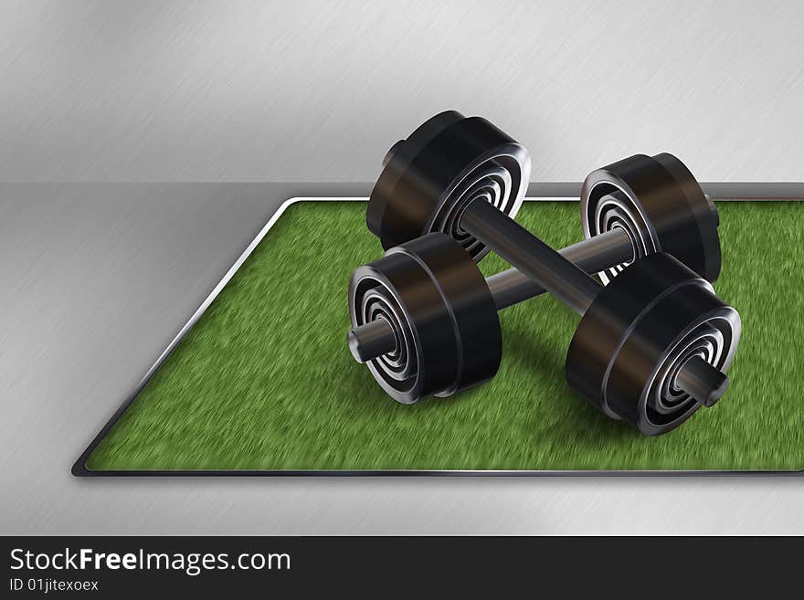 Heavy dumbbells on green mat in  	gym hall