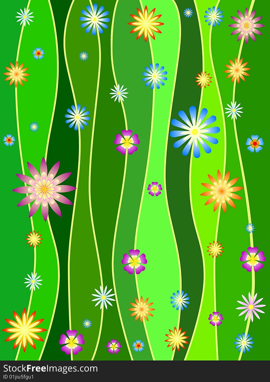 Green lines with colorful flowers, spring motif. Green lines with colorful flowers, spring motif