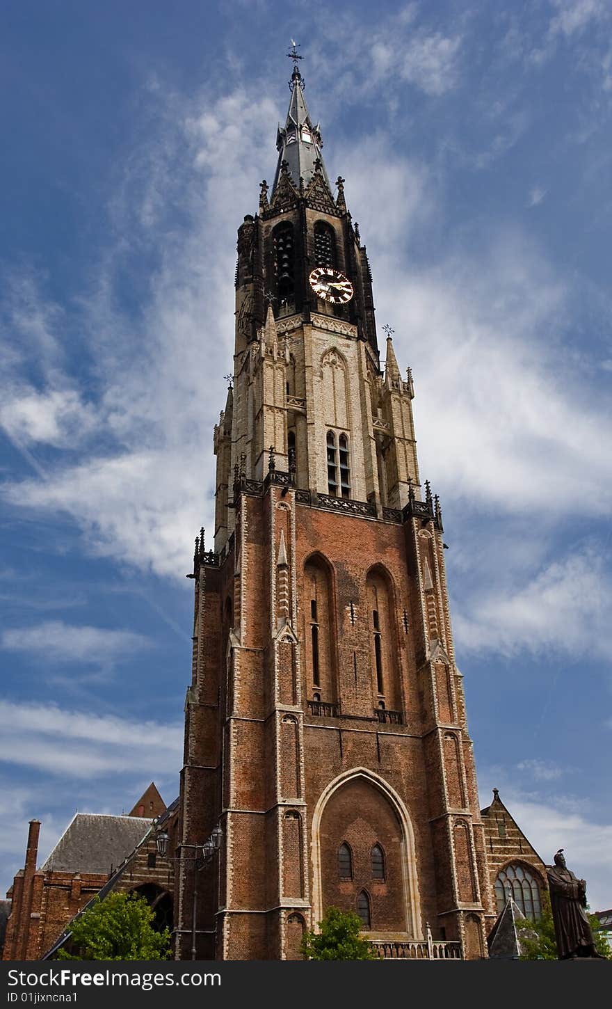 Church tower architecture in Delft.