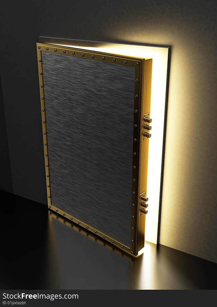 Metal door with golden frame and locks