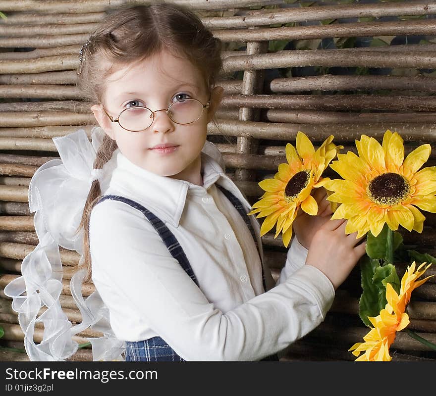 The small beautiful blonde girl with decorative flowers in studio. The small beautiful blonde girl with decorative flowers in studio