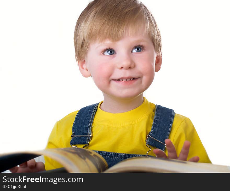 The child with books on the white background