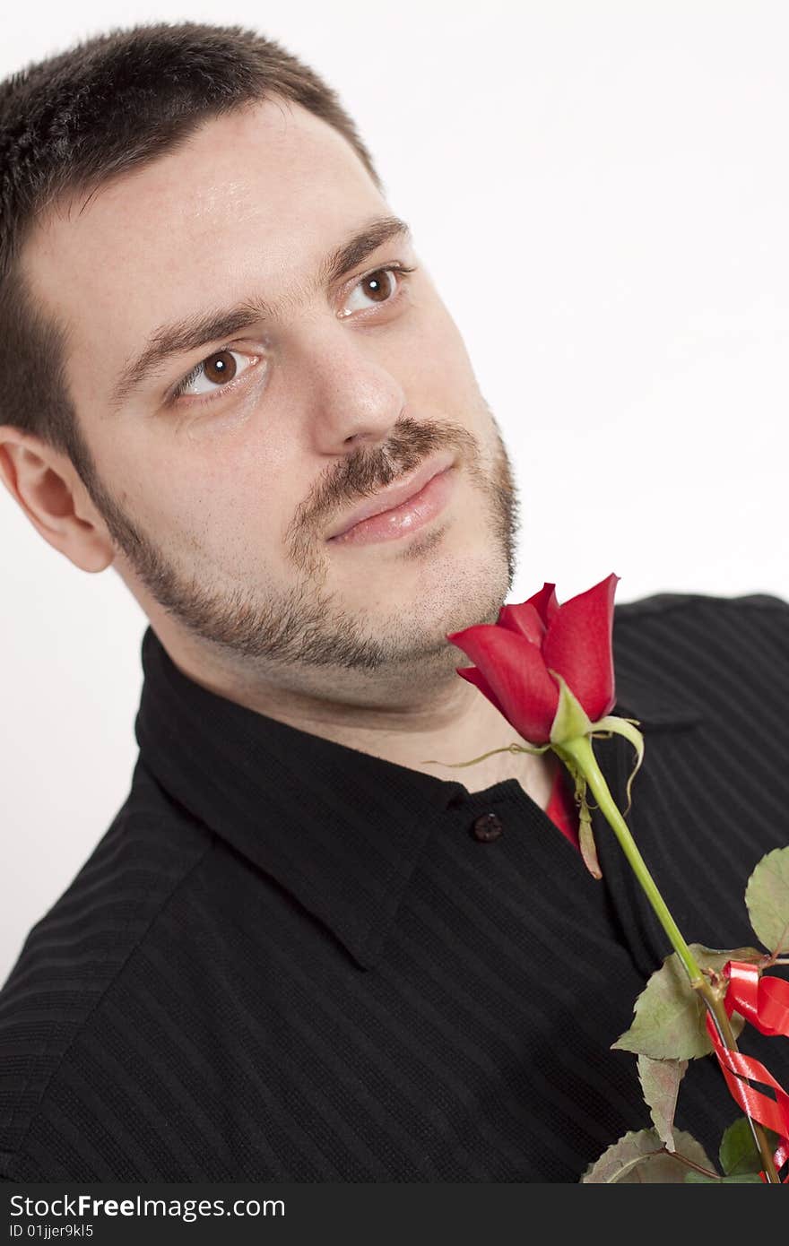 Man Waiting With Red Rose And Smile