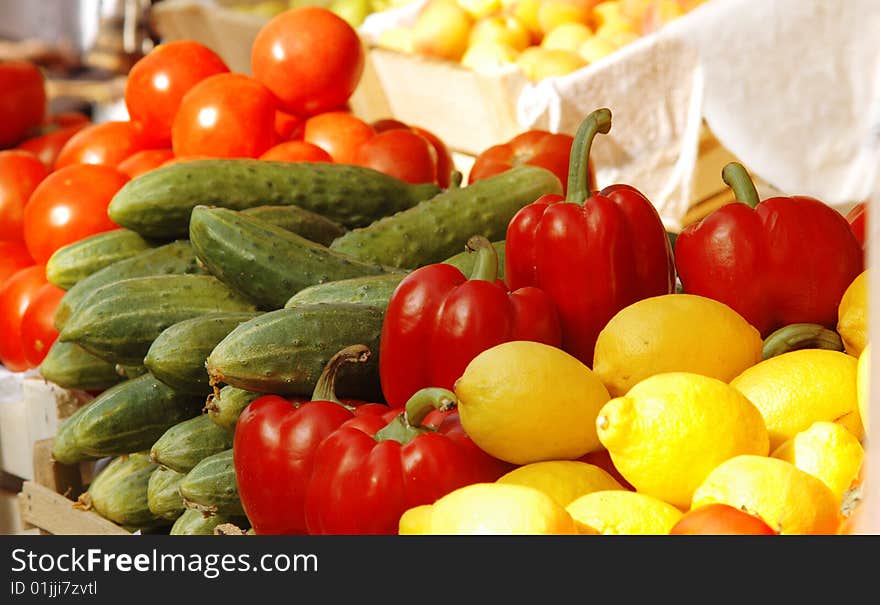 Various fresh vegetables and fruits at the market