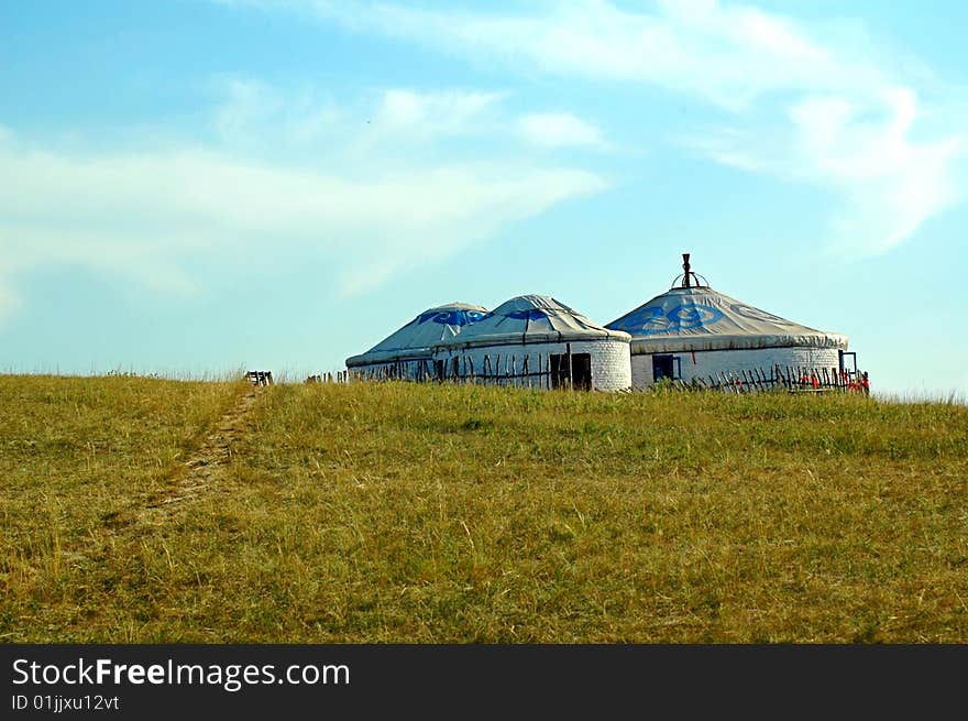 Beautiful blue sky and white clouds of cattle and sheep on the grasslands. Beautiful blue sky and white clouds of cattle and sheep on the grasslands