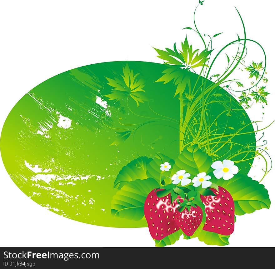 Fruits and flowers of a strawberry against a vegetative ornament and leaves. Fruits and flowers of a strawberry against a vegetative ornament and leaves