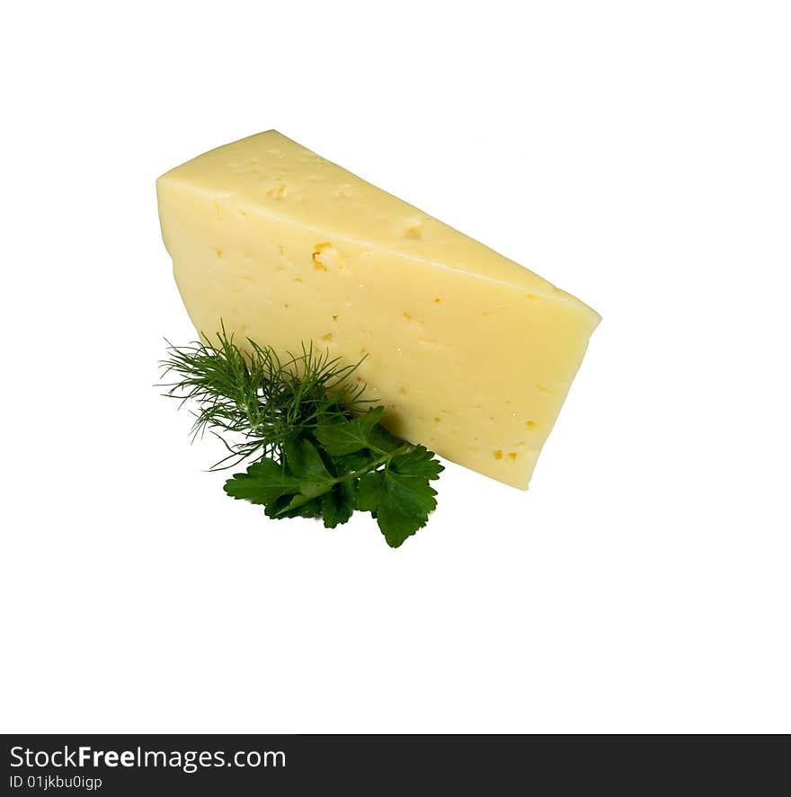 Bit cheese with verdure on white background