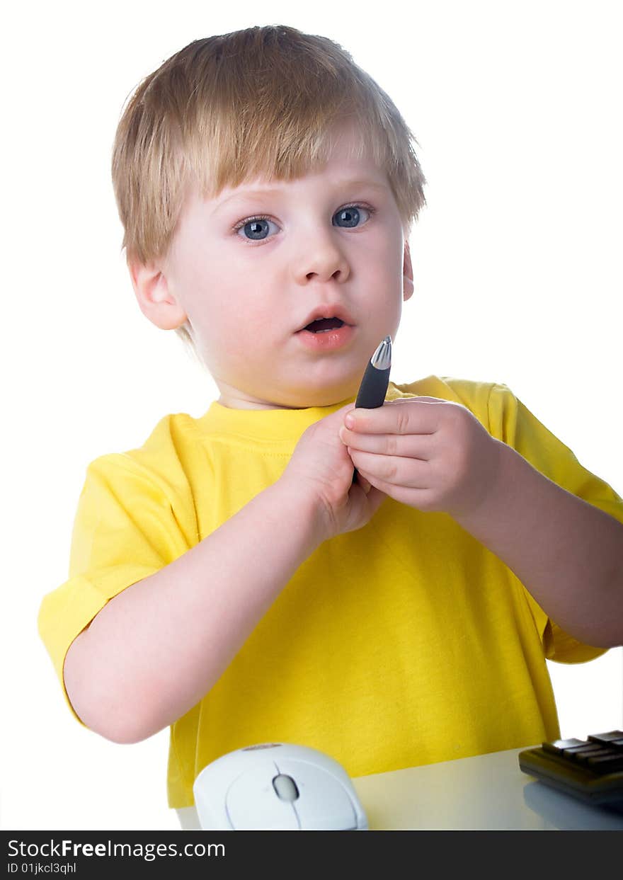 Little boy using a mouse on white background