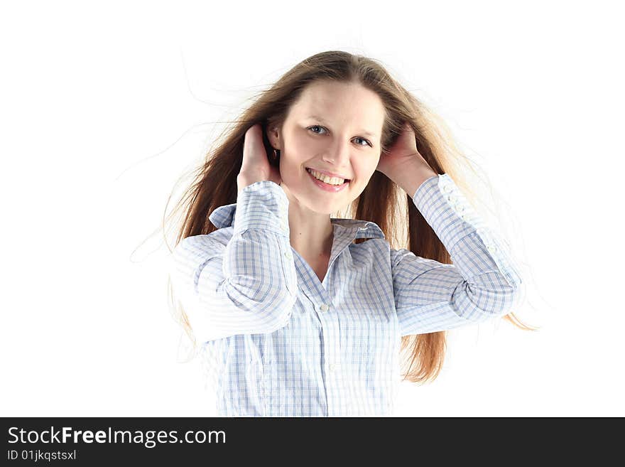 Portrait of young woman with long hair isolated on white background