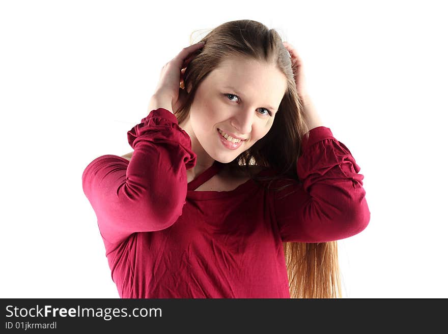 Portrait of young woman with long hair isolated on white background