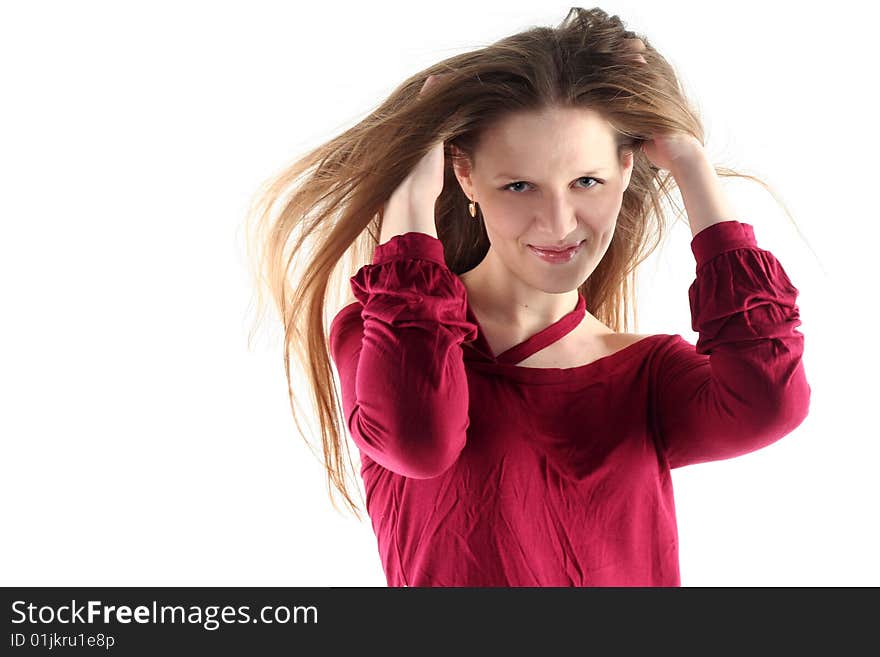 Portrait of young woman with long hair isolated on white background