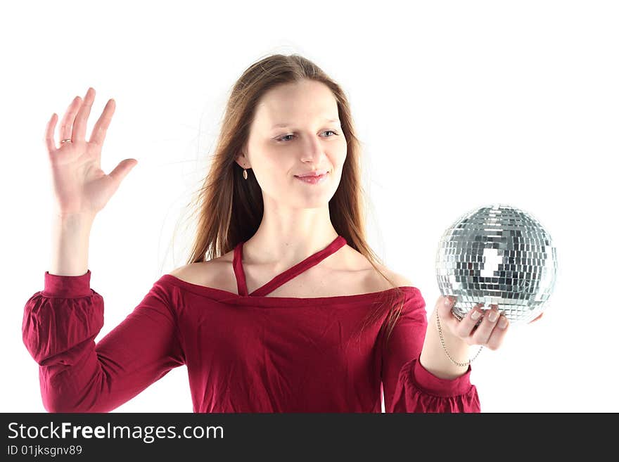 Young woman with Glass sphere isolated on white background