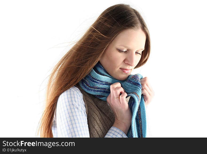 Young woman wrap up into scarf isolated on white background