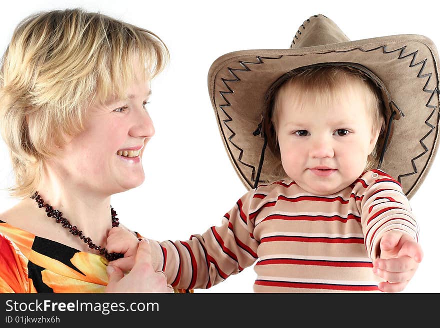 Mother and her little son isolated on white background