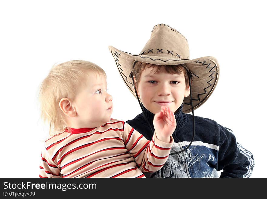 Two little boys (brothers) isolated on white background