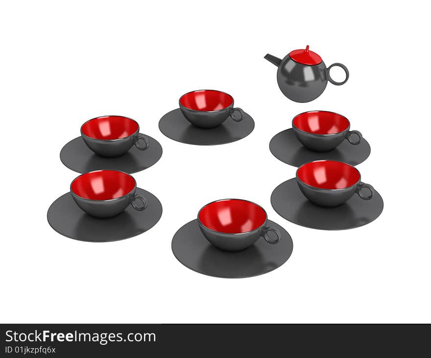 Rendered 3d isolated teapot and cups red black