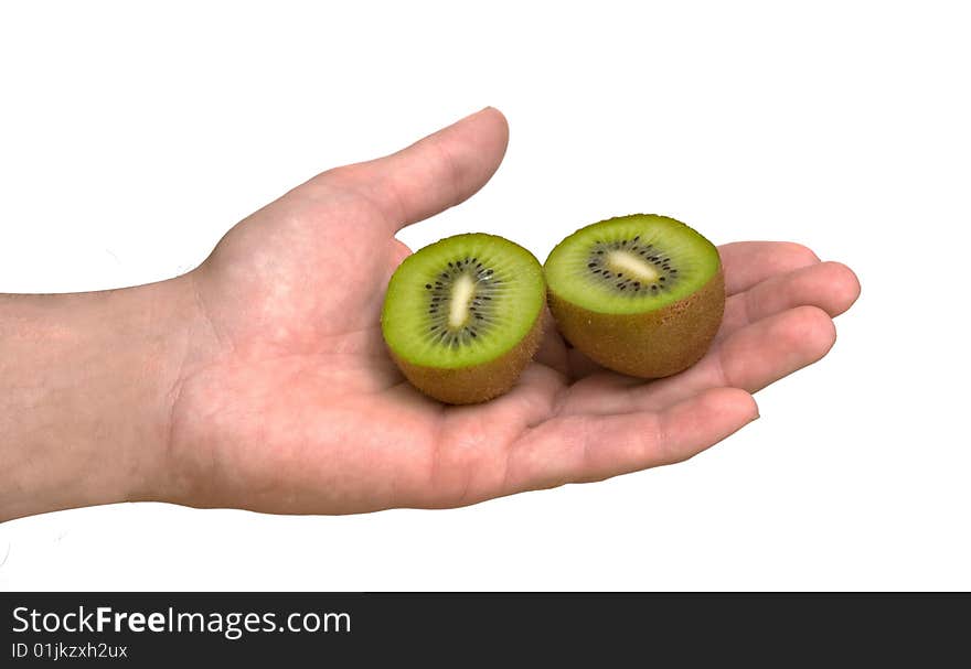 Sections of kiwi fruit on palm