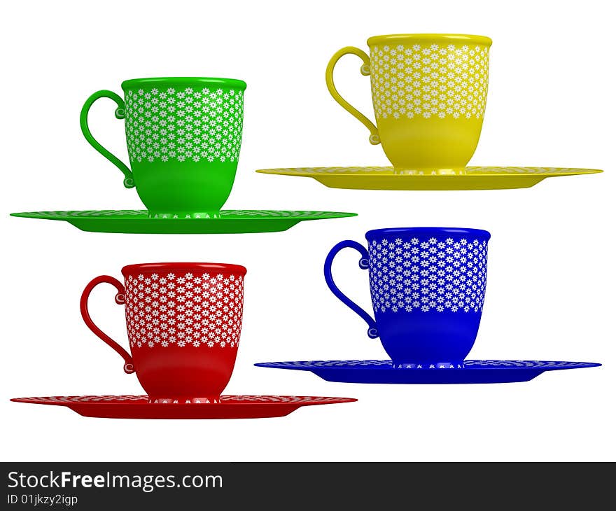 Rendered 3d isolated colorful cups (red, green, yellow, blue)