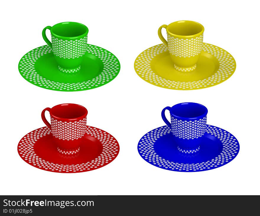 Rendered 3d isolated colorful cups (red, green, yellow, blue)