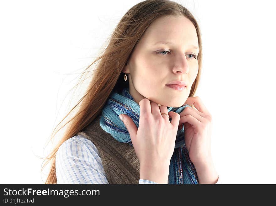 Young woman wrap up into scarf isolated on white background