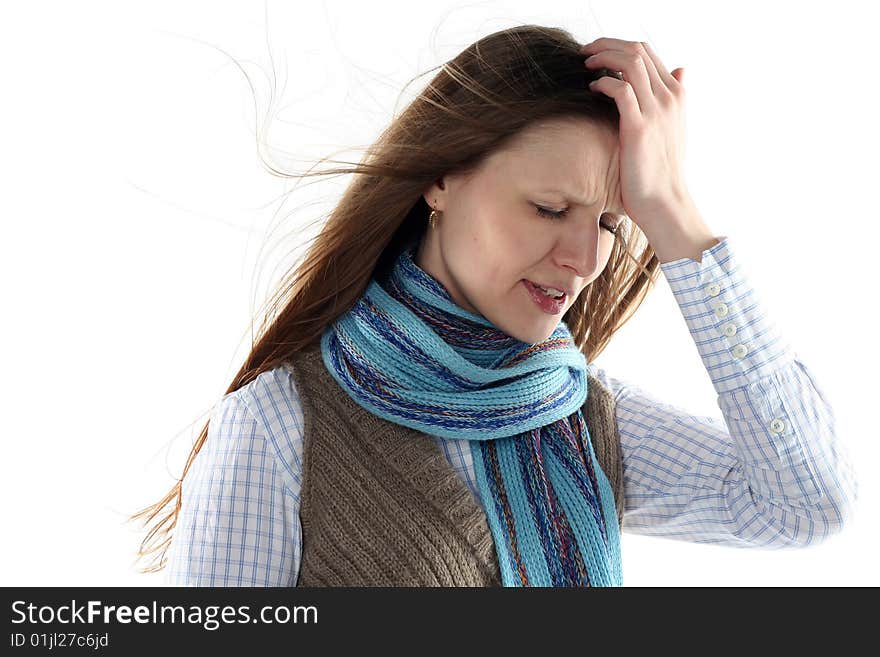 Young woman wrap up into scarf isolated on white background