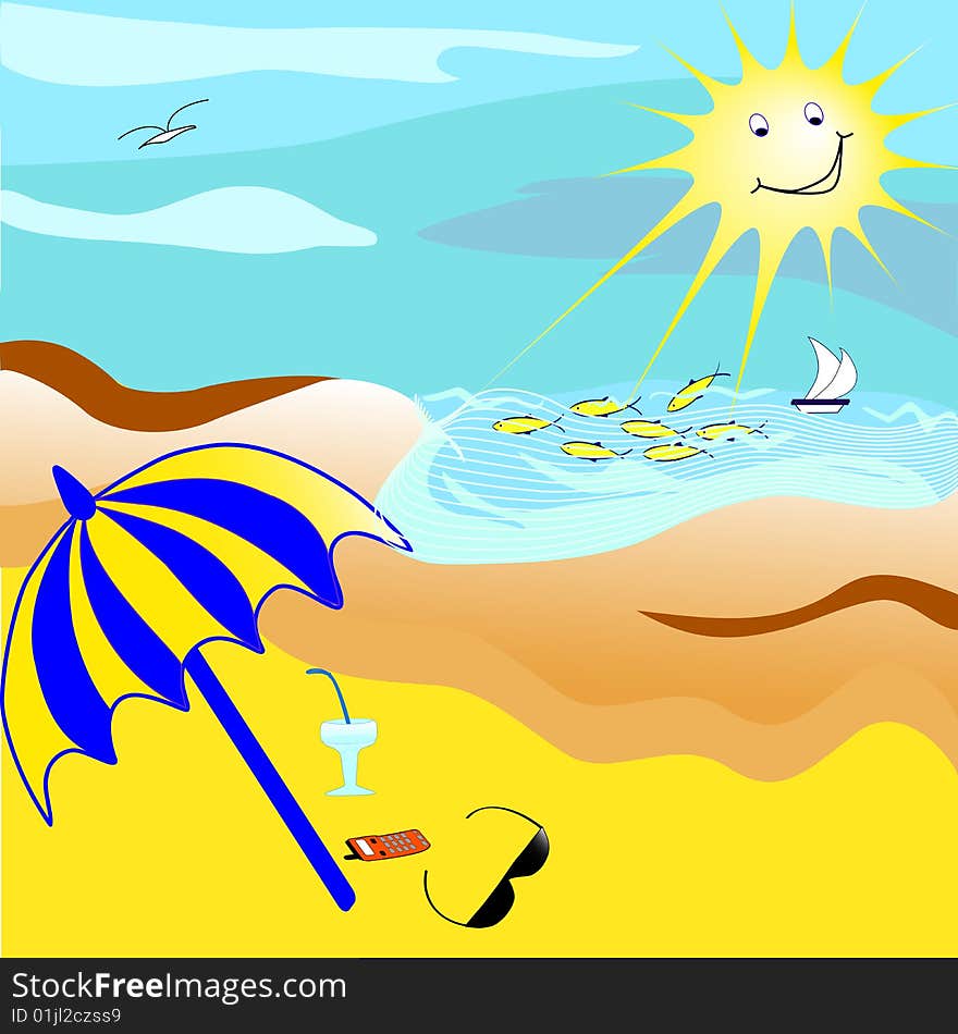 Tropical beach with umbrella . vector illustration. Tropical beach with umbrella . vector illustration