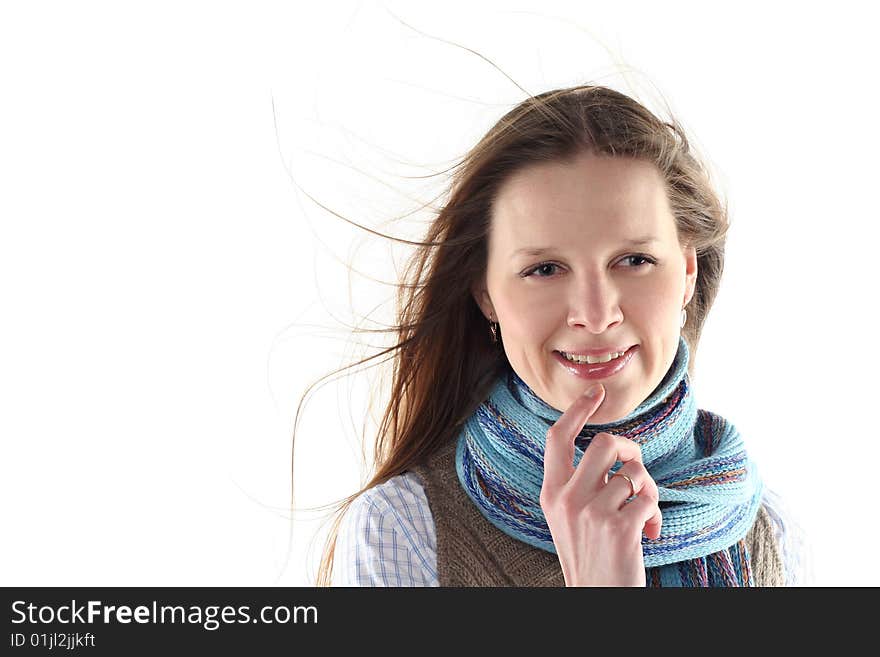 Young woman wrap up into scarf isolated on white background