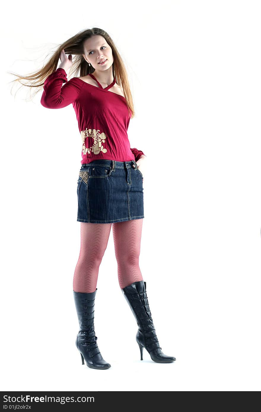 Young woman with long hair isolated on white background