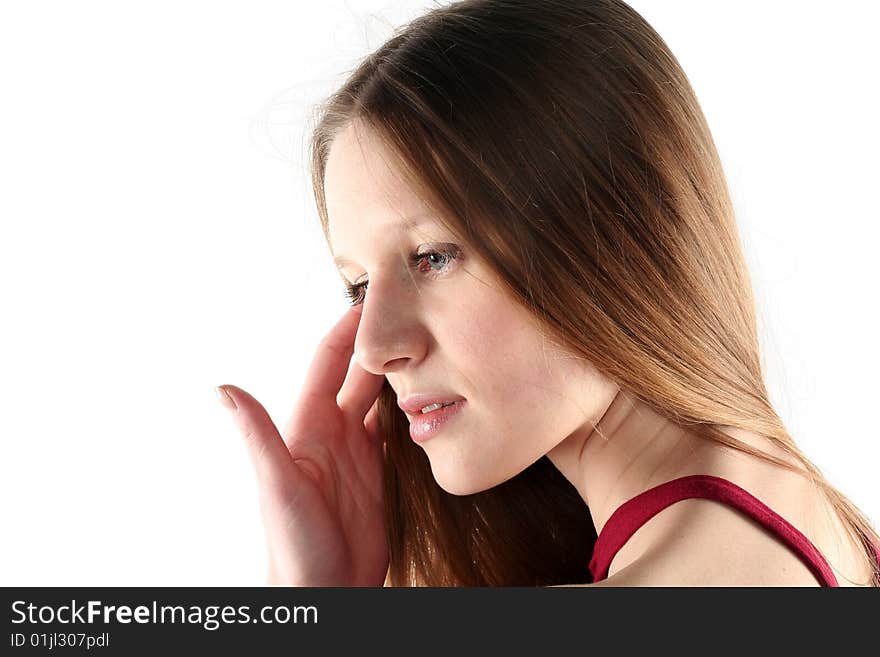 Portrait of young woman with long hair isolated on white background