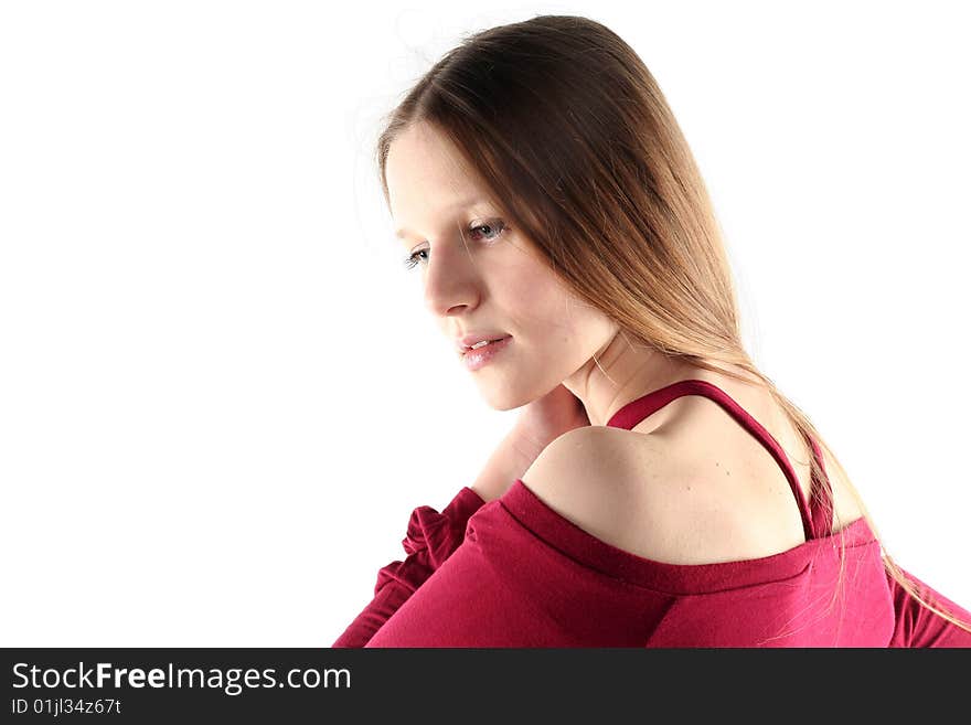 Portrait of young woman with long hair isolated on white background