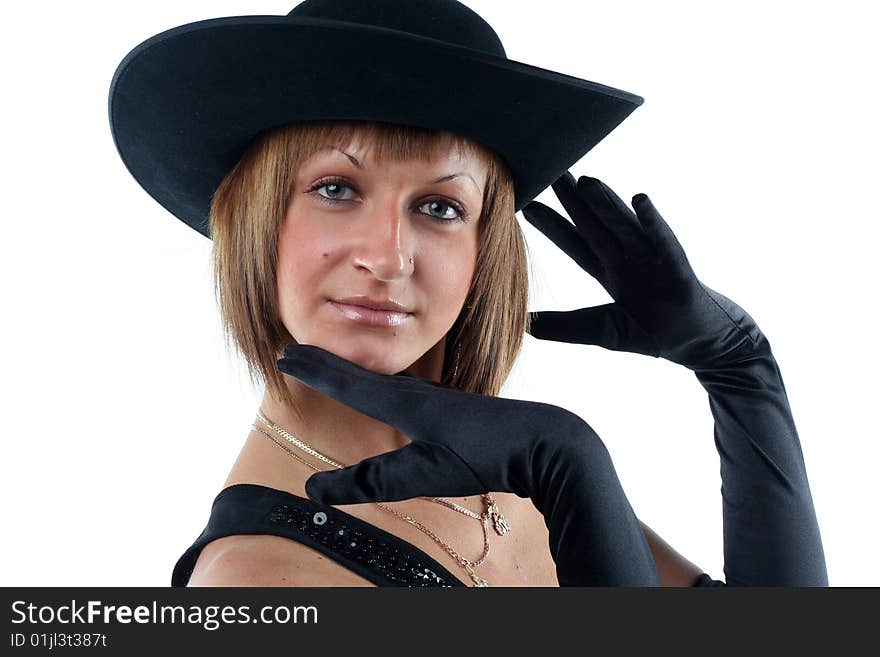 Lovely yong woman in hat and gloves isolated on white background