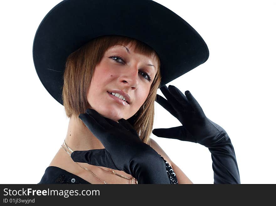 Lovely yong woman in hat and gloves isolated on white background