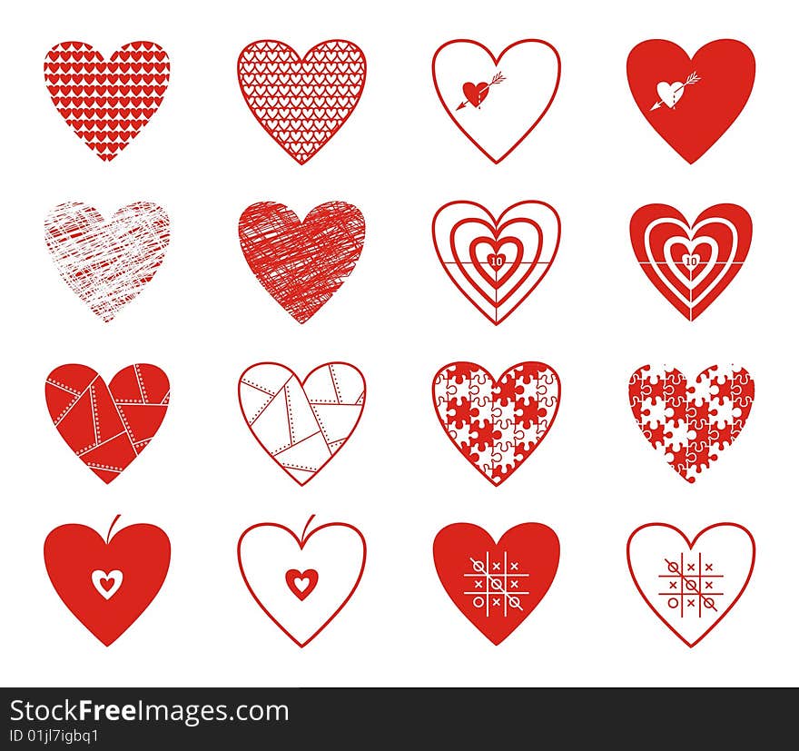 Set of various hearts, potraying different emotions