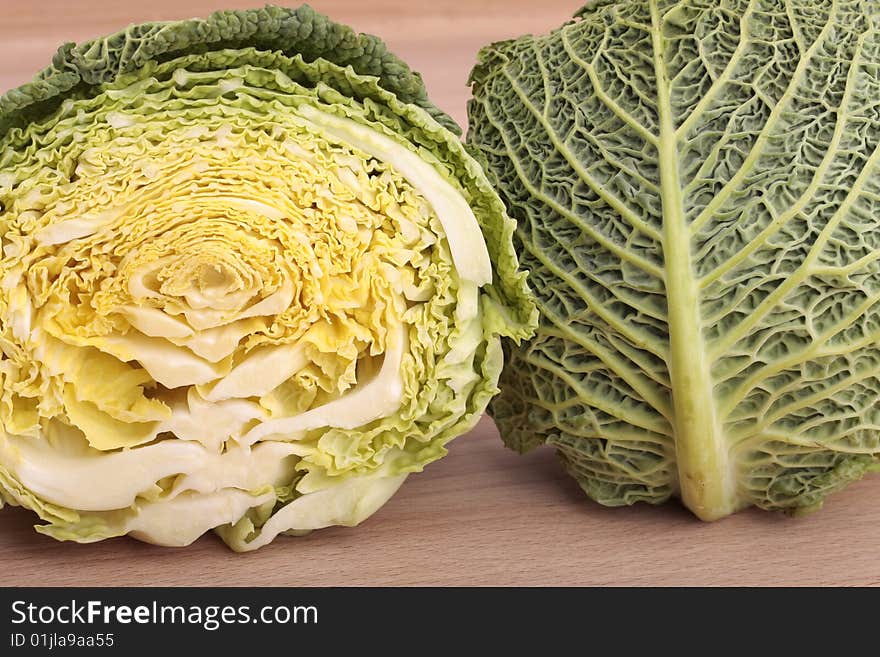 Halved green cabbage