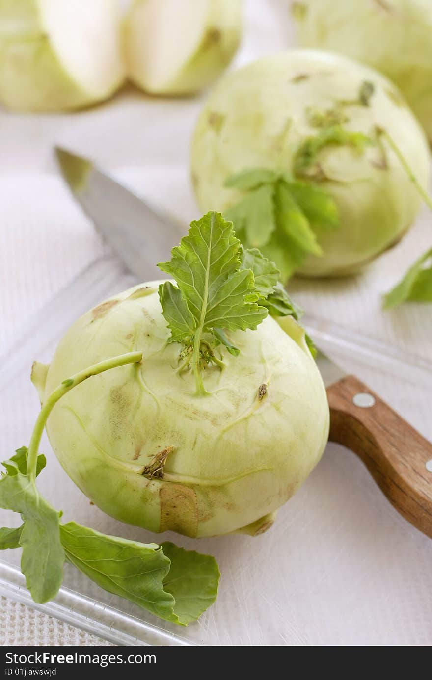 Closeup of fresh green kohlrabies