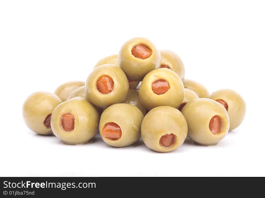 Stuffed olives isolated over white background