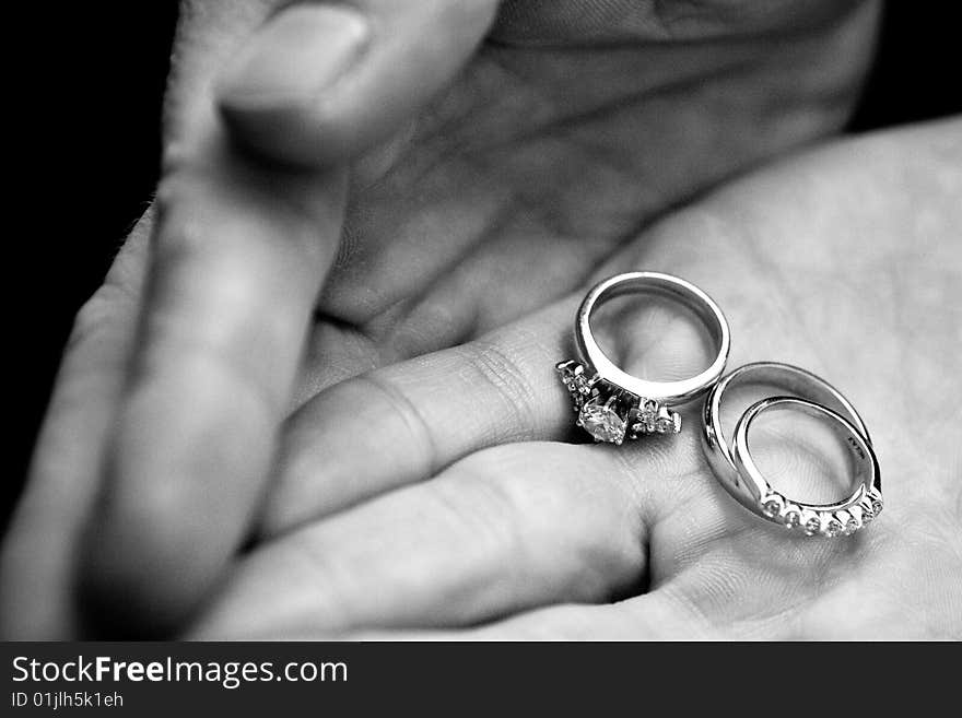 Wedding rings in groom's hands. Wedding rings in groom's hands