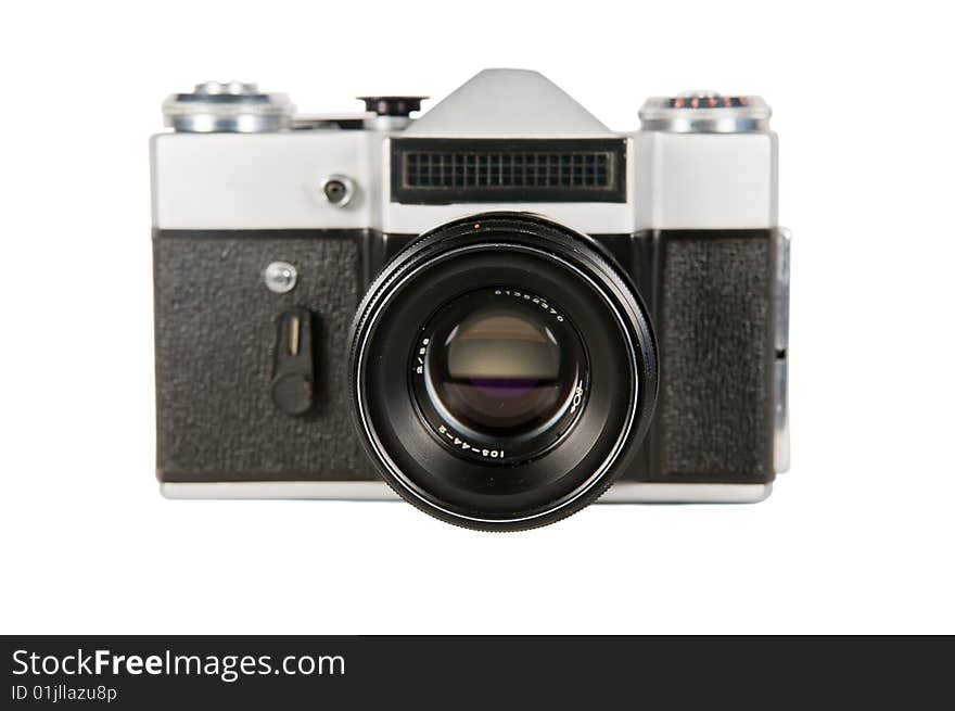 Old model of the film camera on a white background. Old model of the film camera on a white background