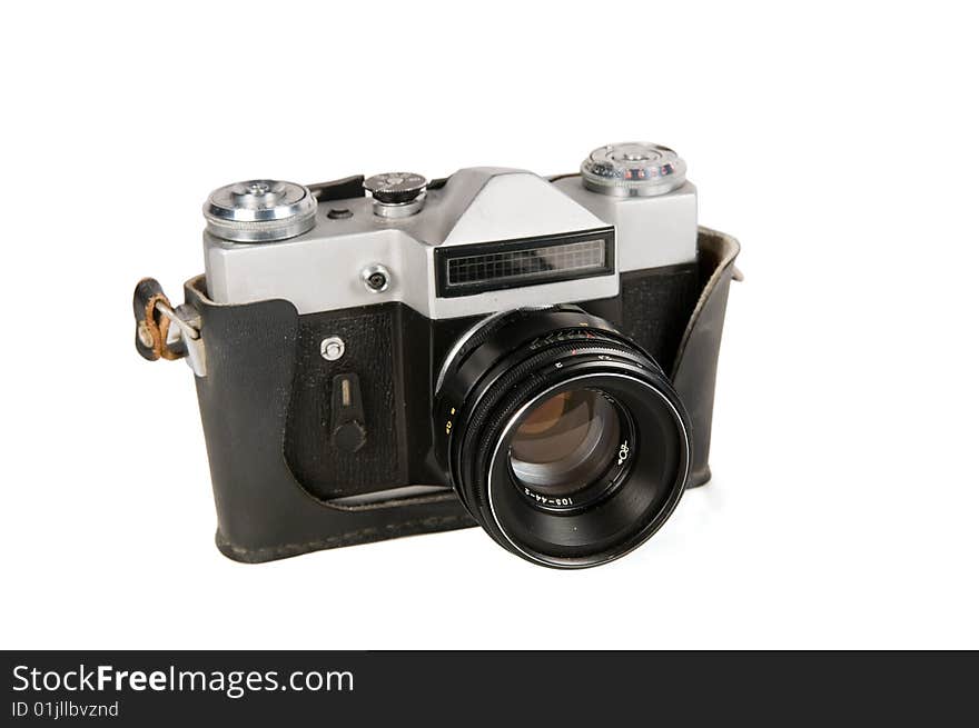 Old model of the film camera on a white background. Old model of the film camera on a white background