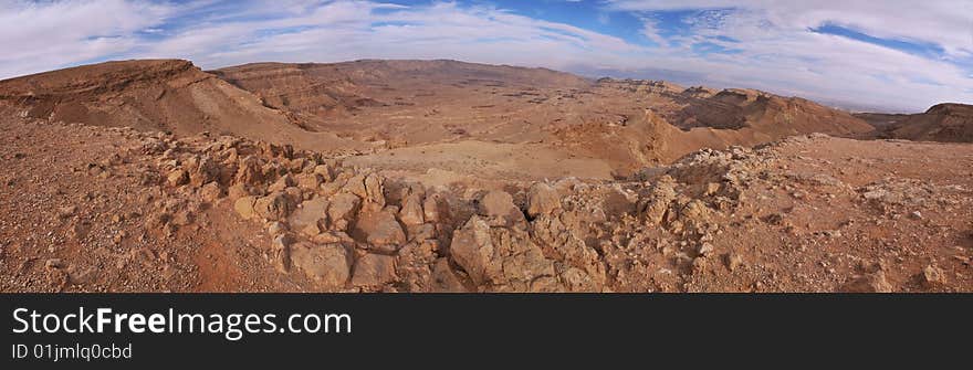 Panoramic View of the Small crater in the Negev Desert - South Israel near Dead Sea. Panoramic View of the Small crater in the Negev Desert - South Israel near Dead Sea