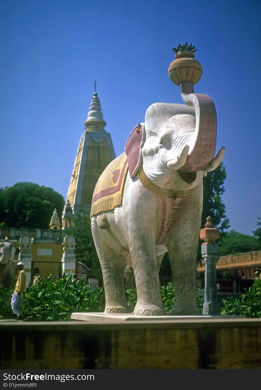 Painted elephant outside temple,  Delhi, India, Asia