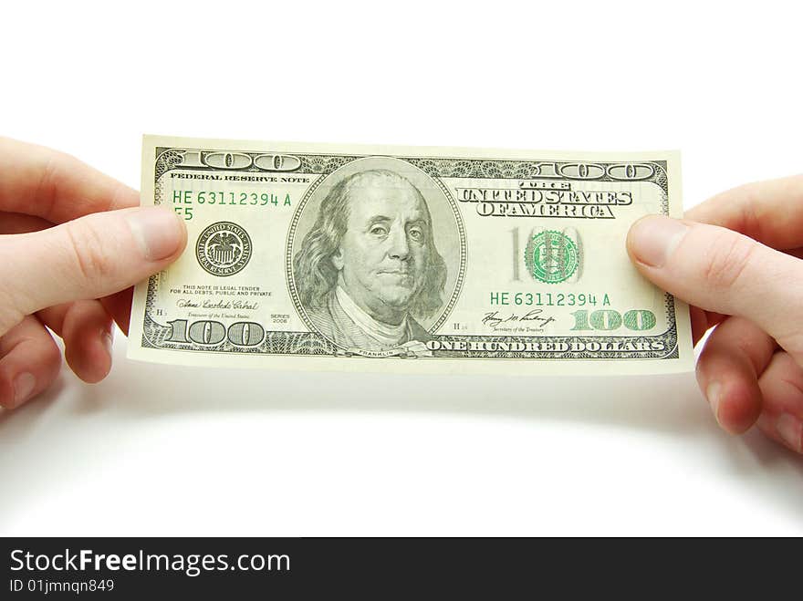 Hands hold 100 bill on white background. Hands hold 100 bill on white background