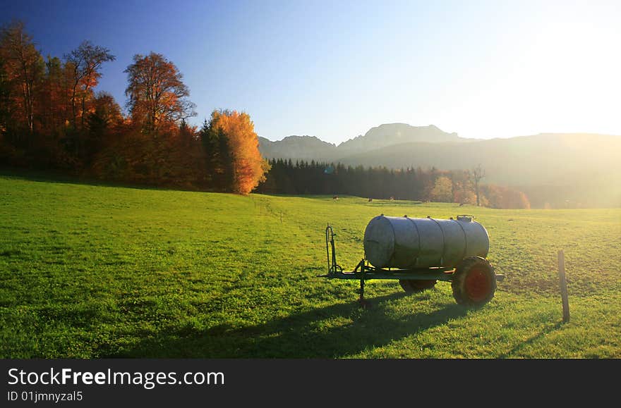 Bavarian autumn with sunset and forest