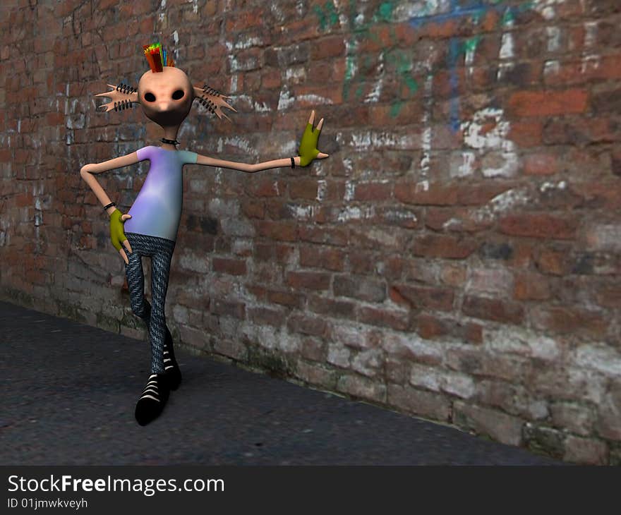 A cartoon punk rocker leaning against a brick wall.