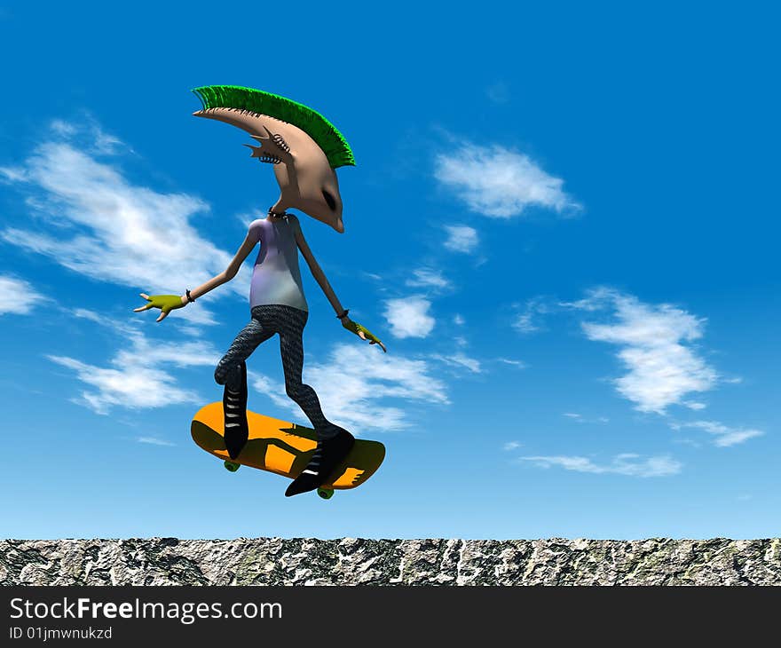 A cartoon punk rocker skateboarding against a blue sky.