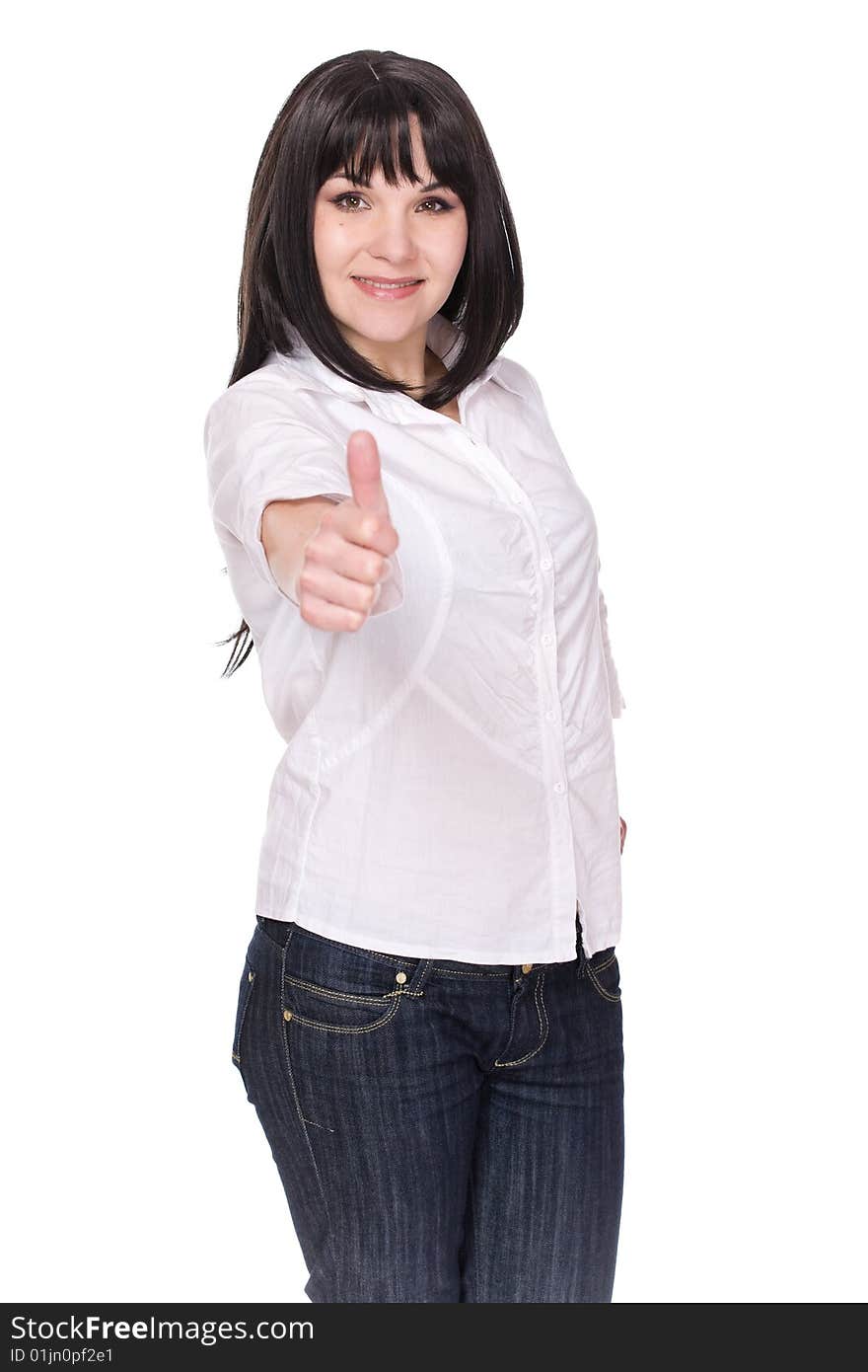 Happy brunette woman over white background. Happy brunette woman over white background