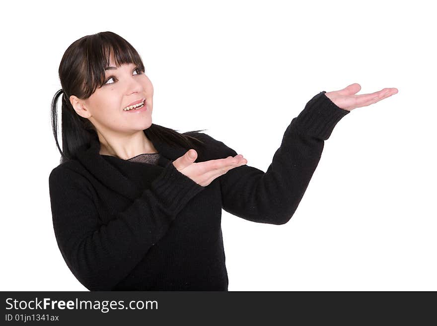 Happy brunette woman over white background. Happy brunette woman over white background