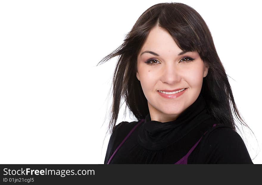 Happy brunette woman over white background. Happy brunette woman over white background